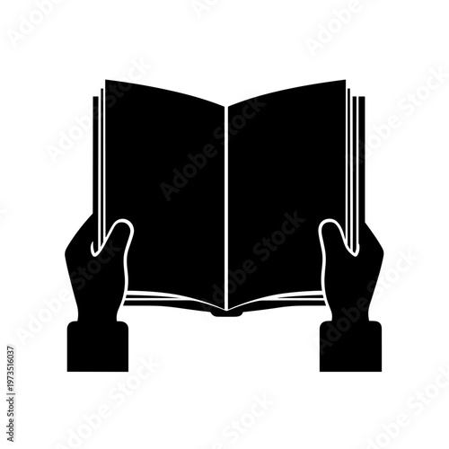 Hands holding an open book in stable symmetrical position in minimal style. Concept of self guided learning, knowledge control and independent education, vector, no background