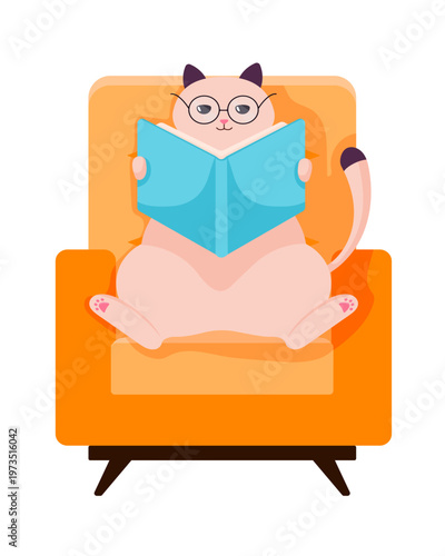 Cute cat with glasses reading a blue book while sitting in an orange armchair, cozy home lifestyle illustration isolated on a light background in flat vector style