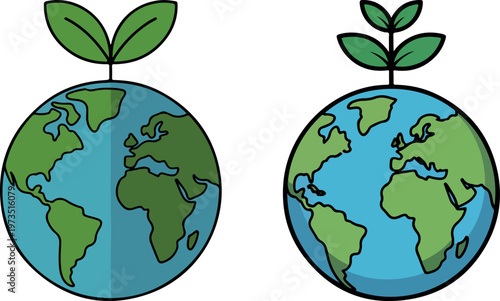 Two cartoon earth globes with green leaves sprouting
