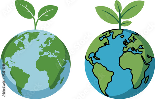 Two Earth globes with green sprouts growing from them