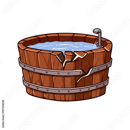 Wooden Bathtub With Cracked Sides Filled With Water and a Faucet