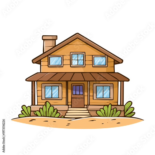 Wooden Log Cabin Cozy Cottage with Porch and Chimney Illustration
