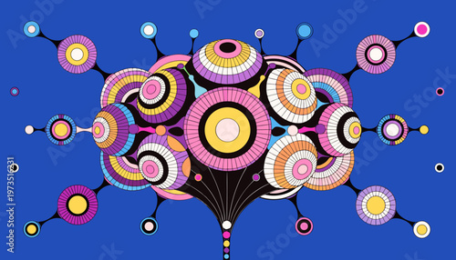 Circular nodes and branching links form an abstract innovation tree on a vivid blue technology background