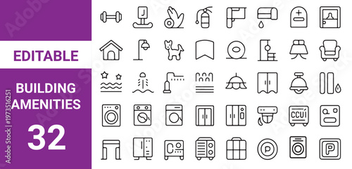 Building amenities icon set. Editable line icons. Vector illustration.
