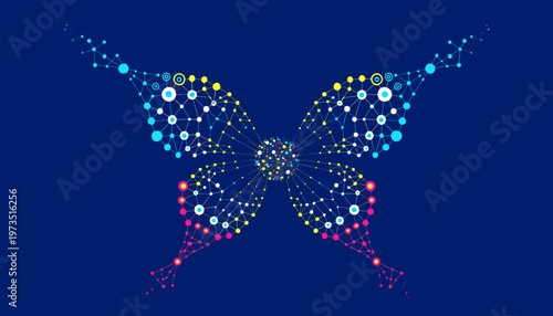 A butterfly made of connected nodes and glowing links spreads across a clean blue technology background