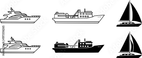 Collection of boat and ship icons in a minimalist style, featuring a yacht, trawler, and sailboat shown as both black line art outlines and solid filled silhouettes