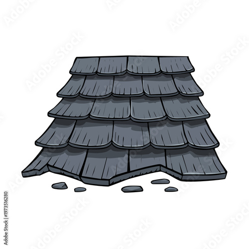 Layered slate roof tiles with stones scattered below stylized illustration
