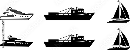 Collection of boat and ship icons in a minimalist style, featuring a yacht, trawler, and sailboat shown as both black line art outlines and solid filled silhouettes