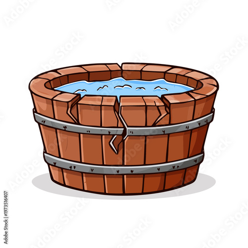 A rustic wooden barrel with water is cracked and broken showing signs of damage and wear