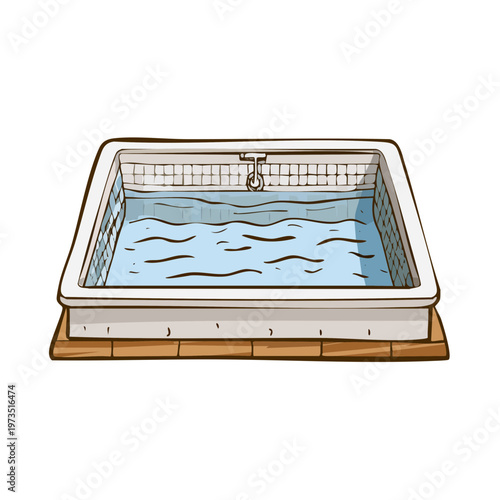 Square outdoor jacuzzi tub filled with clear blue water and textured walls