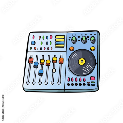 Hand drawn illustration of a DJ sound mixer with turntable and faders for music production and entertainment