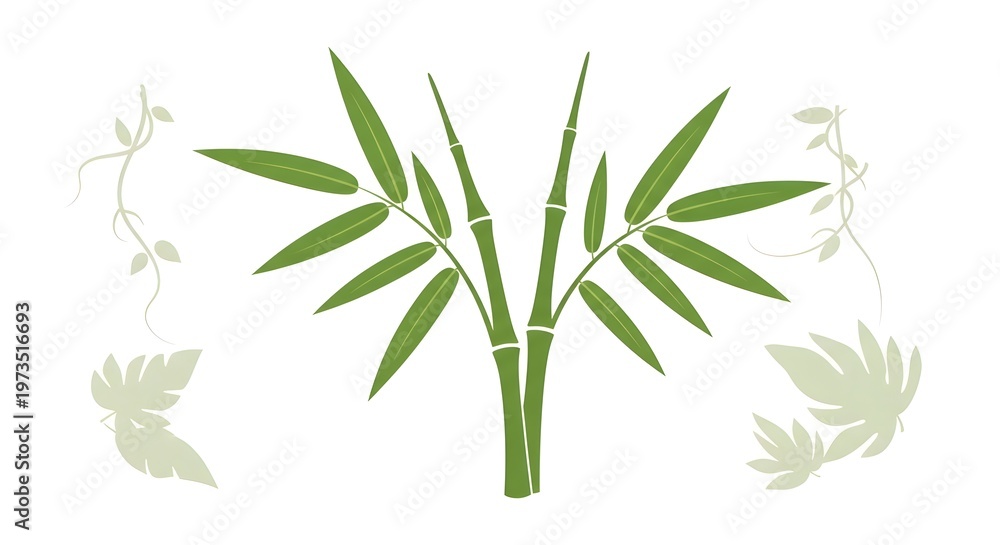 Fototapeta premium Three verdant bamboo stalks with leaves centered on a crisp white background