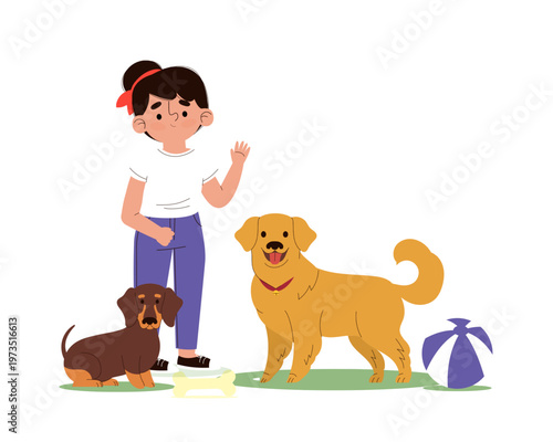 Girl waving beside happy pet dogs with bone and accessories, charming pet care lifestyle scene isolated on white background in flat vector style