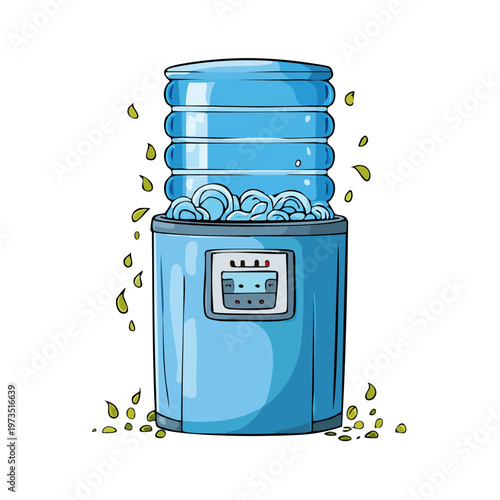 Illustration of a blue water cooler with a large bottle and cascading water droplets and leaves.