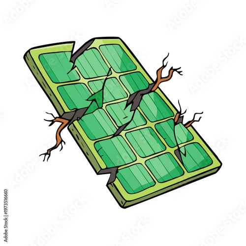 Broken Solar Panel with Cracks and Green Energy Technology