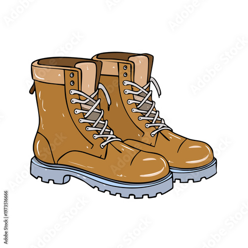 Pair of brown hiking boots with white laces and light blue soles presented on a clean white backdrop