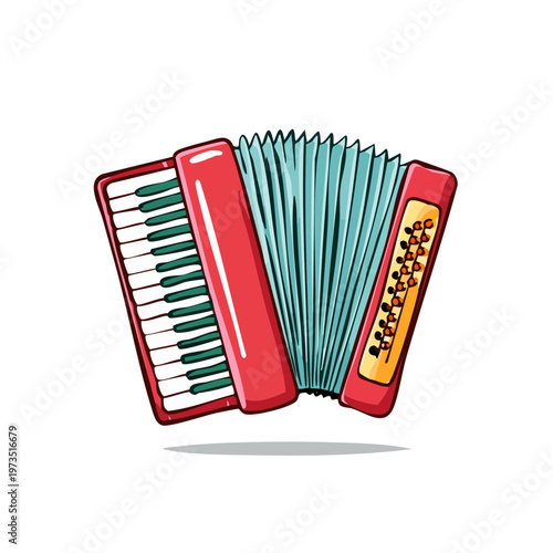 Vibrant Red Accordion Musical Instrument with Blue Bellows and Keyboard