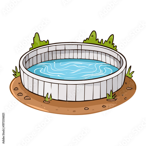 Circular outdoor hot tub filled with clear blue water surrounded by green bushes and brown earth on a sunny day