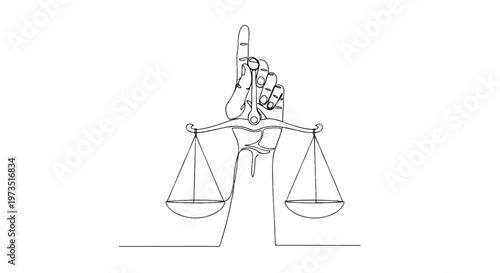 Justice, law, scales, hand, one line art vector illustration