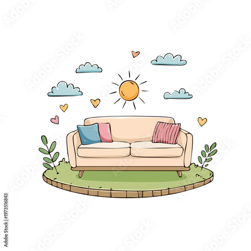 Cozy couch with pillows in a sunny outdoor scene with clouds and hearts