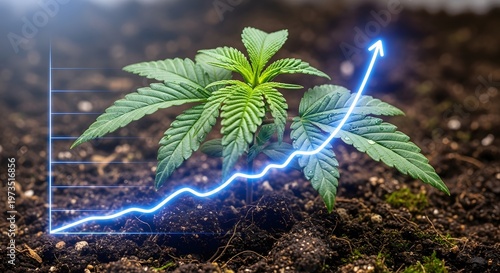 Young cannabis plant growing in rich soil with a glowing blue upward trend line