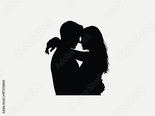 A romantic black silhouette showing a man and a woman embracing each other in a loving moment