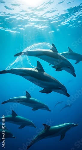 Dolphins swimming gracefully underwater in the deep blue ocean, a beautiful sight.