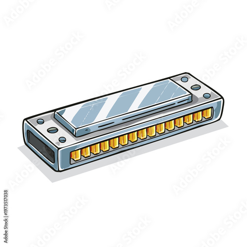 Close up illustration of a chrome harmonica with golden reeds and metallic casing