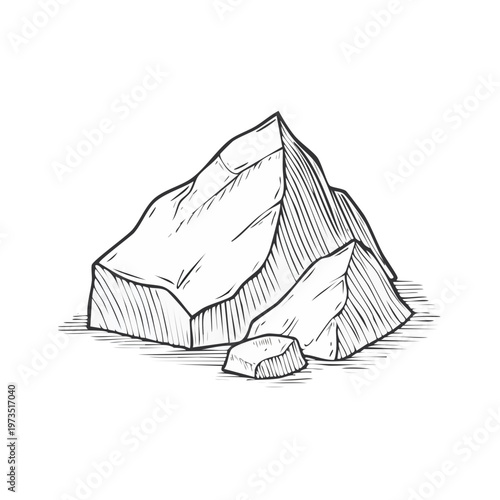 Hand drawn sketch of rough rock fragments and stone pieces with hatching detail