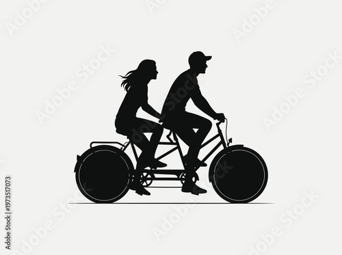 A black silhouette of a couple riding a tandem bicycle together isolated on a light gray background