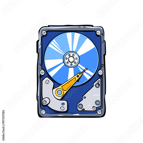 Illustrated internal computer hard drive with spinning blue platters and read write arm