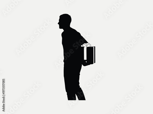A black silhouette of a man standing and holding a wrapped gift box behind his back in surprise