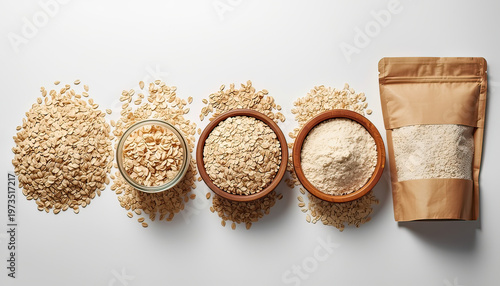 A selection of oat products arranged on a clean white surface