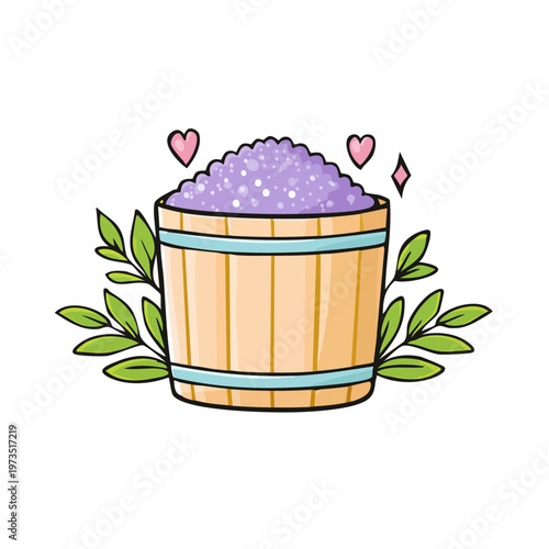 Wooden bucket filled with sparkling lavender bath salts adorned with green leaves and hearts