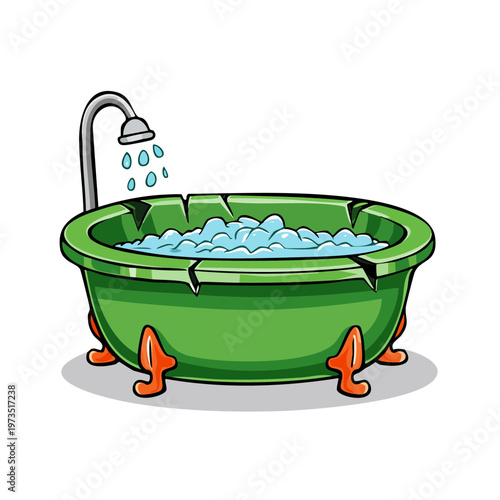 Green antique clawfoot bathtub filled with bubbly water and a showerhead with falling water