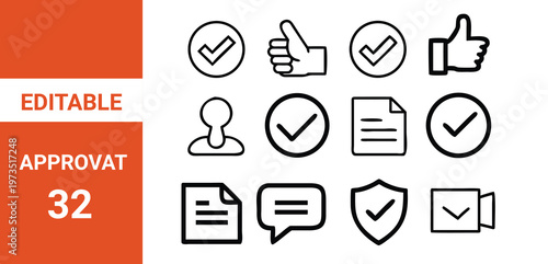 Approval icon set. Editable line icons.