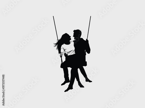 A black and white artistic silhouette illustration of a romantic couple swinging together in joy