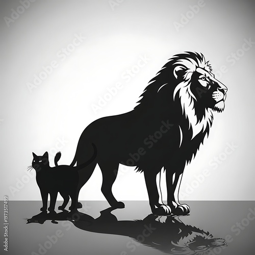 Lion and cat standing side by side.