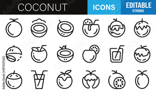 Coconut and tropical fruit line icons set with editable stroke for food and beverage design