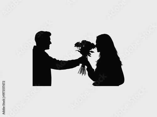 A silhouette of a man giving a beautiful bouquet of fresh flowers to his girlfriend as a gift