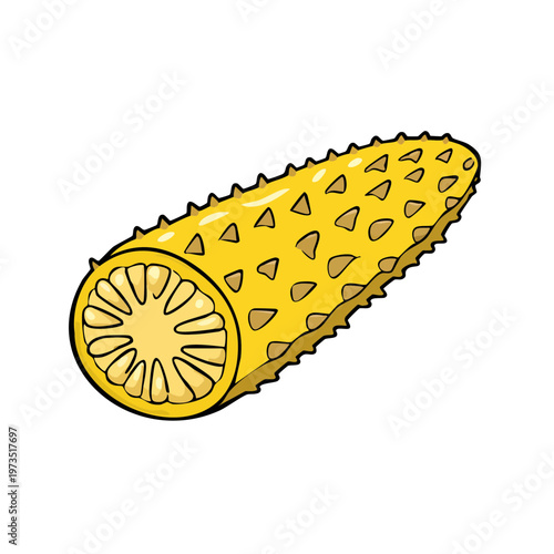 Cartoon cutaway of a spiky yellow fruit or vegetable with a seed pattern inside