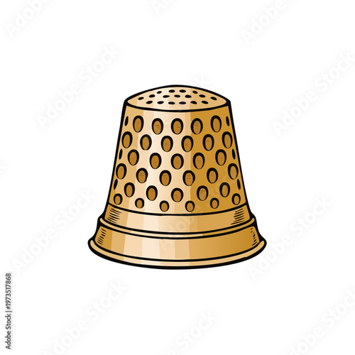 Golden thimble with patterned holes and textured rim for sewing and crafting