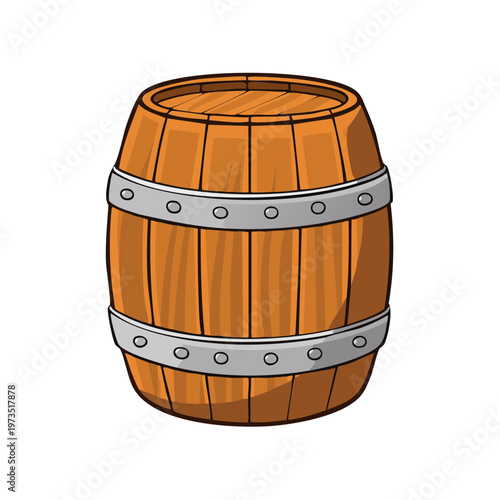 Vintage wooden barrel with metal bands isolated on white background illustration
