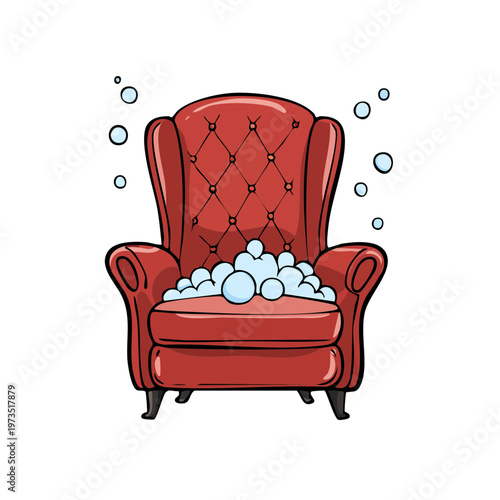 Red armchair with soap bubbles, illustration of furniture cleaning
