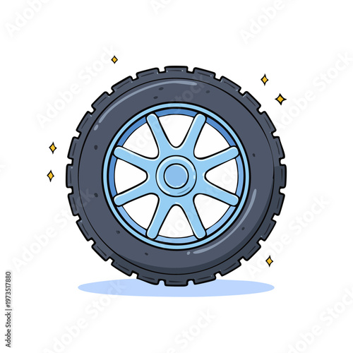 Illustration of a car tire and rim with a shiny blue spoke design and sparkling highlights