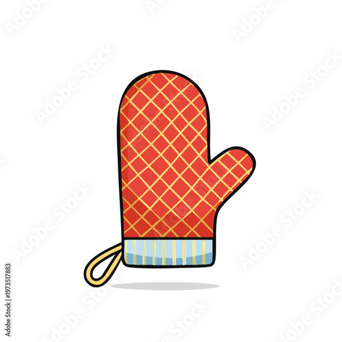 Red and yellow patterned oven mitt for kitchen safety and cooking protection