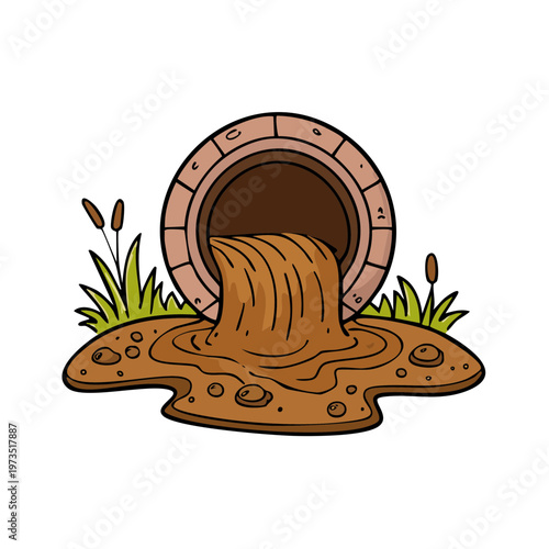Cartoon pipe discharging brown liquid and dirt onto grassy land with reeds
