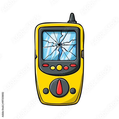 Yellow Electronic Device with Broken Cracked Screen and Red Dial