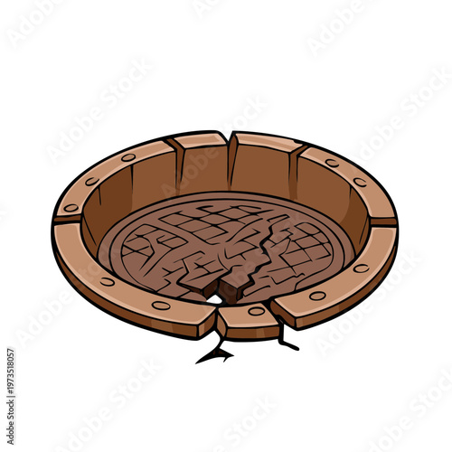 Round cracked wooden well with metal grate lid and exposed rocks below