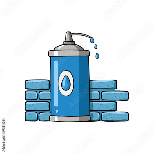 Blue Aerosol Spray Can with Drops Dripping Onto Blue Brick Wall